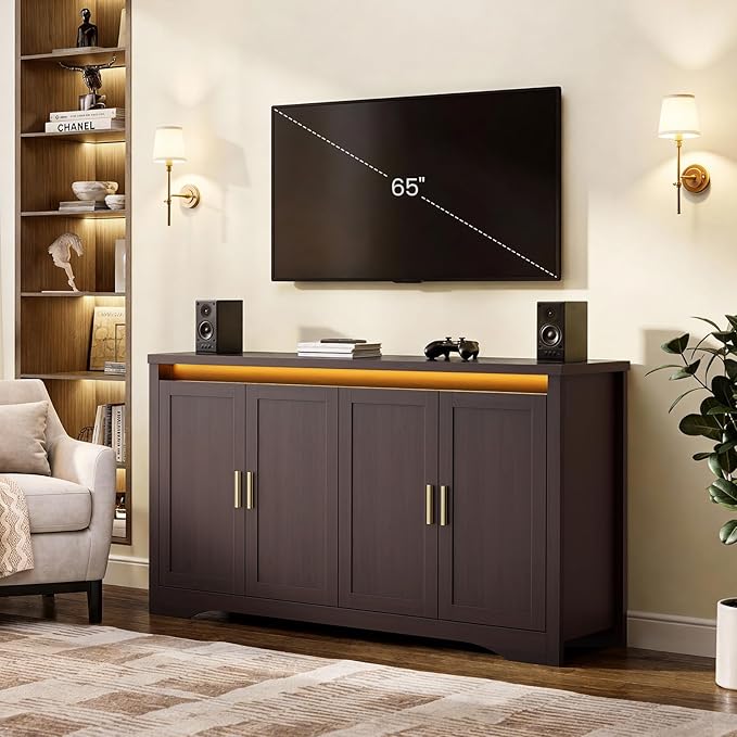 60'' Sideboard Buffet Cabinet with Storage, Modern Coffee Bar Cabinet with Power Outlets, LED Light, 4 Doors & Adjustable Shelves, Buffet Table for Kitchen, Dining Room, Living Room, Walnut