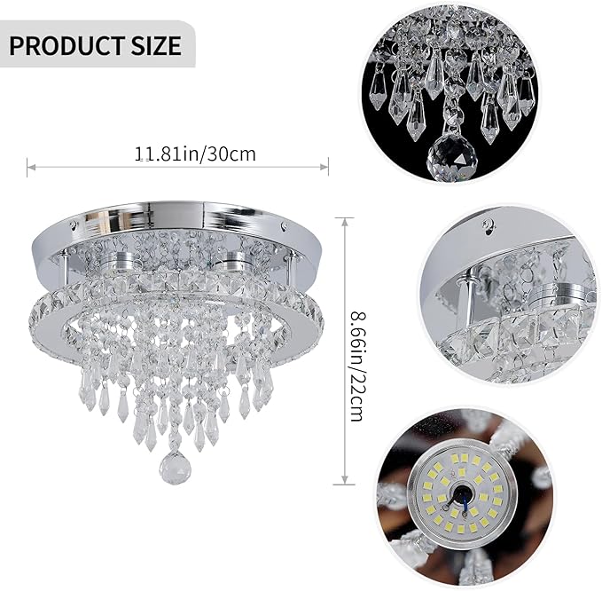 Deckrico Modern Crystal Chandelier 11.8" LED Ceiling Light Chrome Flush Mount Lighting Fixture for Bedroom, Hallway, Kitchen, Dining Room – Cool White