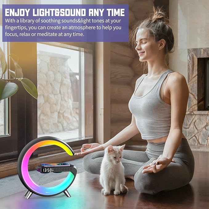 Smart LED Table Lamp,4 in 1 Night Light,Wireless Charger,Alarm Clock and Bluetooth Speaker with App Control Color Changing Atmosphere Table Lamp for Bedroom, Office, Home Decor