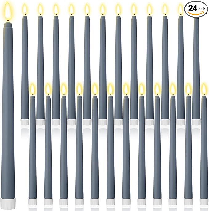 Macarrie 24 Packs Flameless Taper Candles Battery Operated Fake 11 Inch Long Candlelight LED Flameless Candlesticks Flickering Tapered for Spring Summer Wedding(Haze Blue)