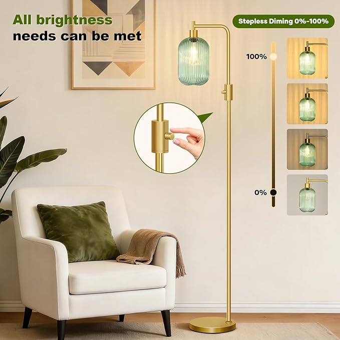【Upgraded】 Dimmable Glass Floor Lamp for Living Room, Modern Gold Standing Lamp with Green Ribbed Glass Lampshade & Knob Dimmer, Arc Tall Lamp for Bedroom Office Reading Room, 2700K Led Bulb Included