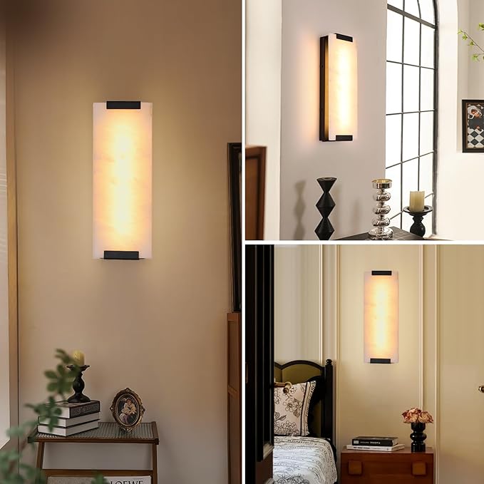 14.2in Alabaster Wall Sconce Hardwired, Large Vertical Natural Marble Wall Light Decor, LED Modern Alabaster Wall Lamp for Bedroom, Stairs, Living Room, Vanity, Bedside, Hallway, Bathroom（Black 12W）