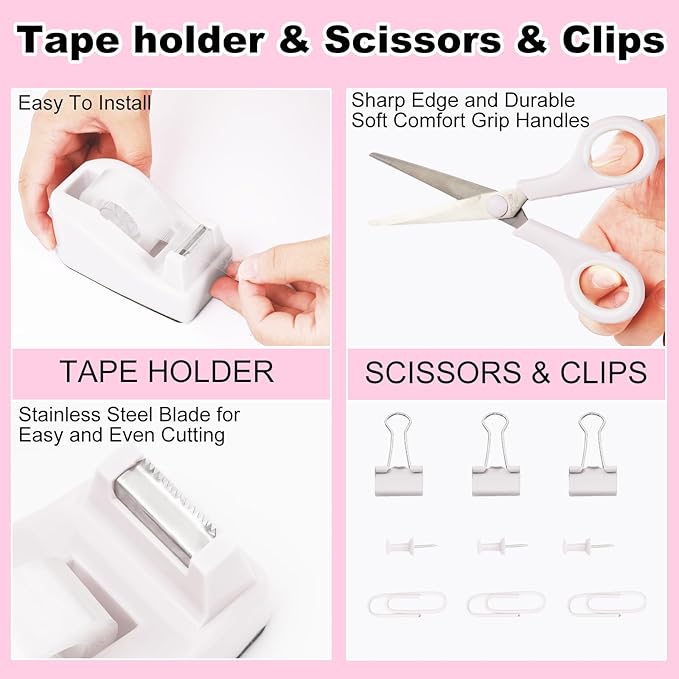 White Desk Organizers and Accessories Set with 360-Degree Rotating Pen Holder, Tape Dispenser, Stapler, Staple Remover, 1000 Staples, Tape, Clips Set, Ruler, Scissor, Pen