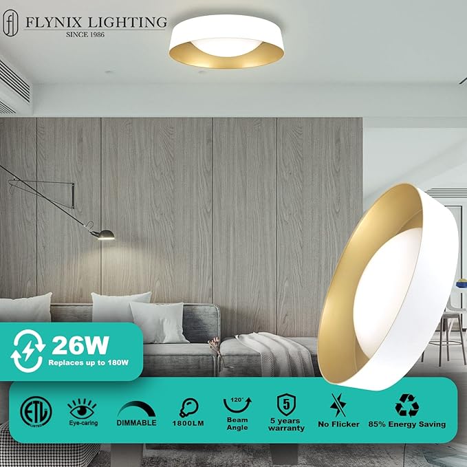 15.5 Inch LED Flush Mount Ceiling Light Fixture, 26W, Super Bright 1800 Lumen, 3 Color 3000K/4000K/5000K, Matt White with Gold Inside, Dimmable Ceiling Lamp for Bedroom Hallway Bathroom Outdoor