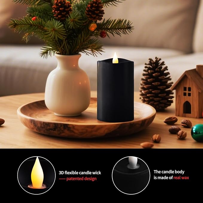 3x5 Flickering Flameless Candles Set of 1, 2AA Battery Life 600 Hours Battery Candles Flickering with Timer,5 inch Flameless Candles with Remote for Christmas Decorations Indoor/Outdoor, Black