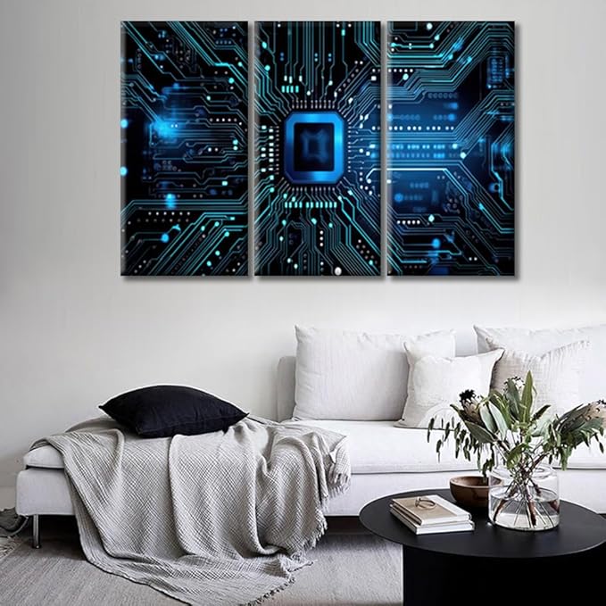 Rebotipy Computer Processors CPU Wall Art for Living Room Blue Circuit Board Modern Home Decor CPU Concept Posters Artwork for Bedroom Office Wall Art Painting Pictures Ready to Hang,(42" Wx28 H)