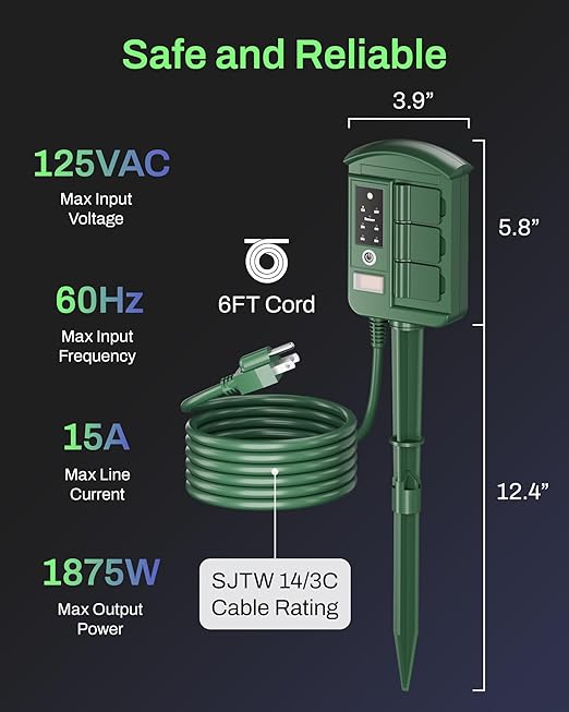 BN-LINK Outdoor Power Stake with Dusk to Dawn Timer, Waterproof 6 Grounded Outlets, 6FT Cord, 100FT Remote Control, Heavy Duty Outdoor Plug for Christmas Lights, Yard, Garden, ETL Listed
