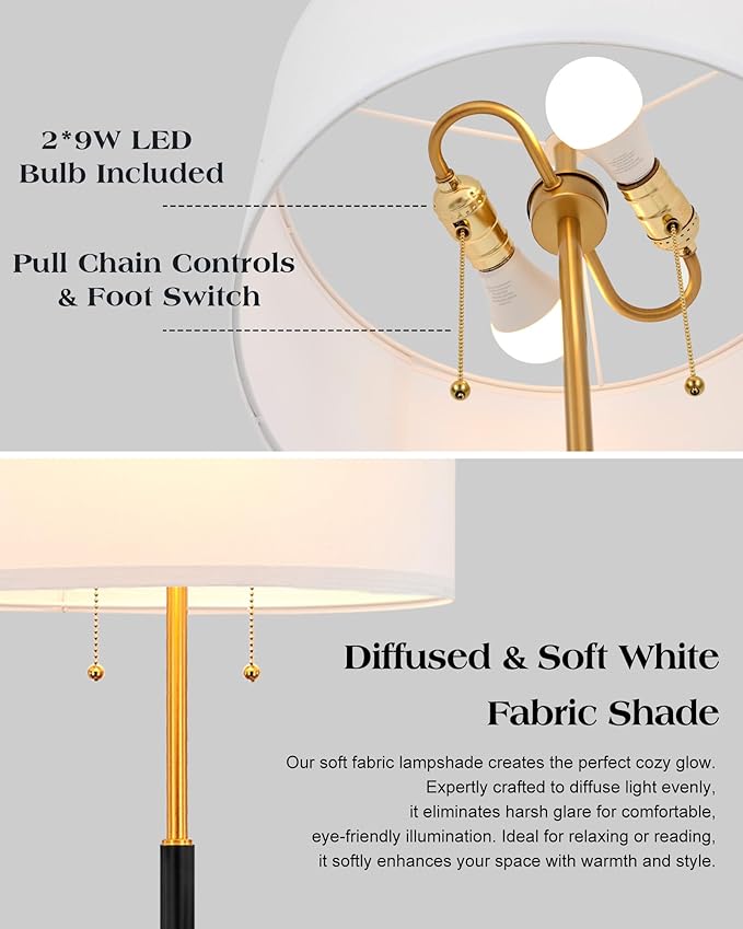 ELYONA 2-Light Floor Lamp Modern Reading Standing Light 3 Color Temperatures LED Bulbs Include White Fabric Shade Vintage Tall Pole Corner Lamp for Bedroom Living Room Office, Black & Brushed Gold
