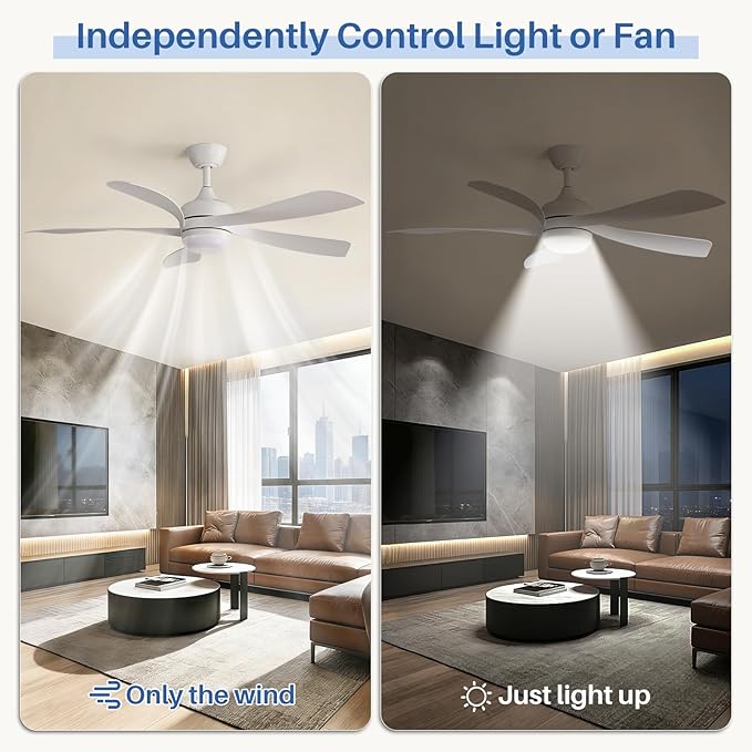 Sofucor 52 Inch Ceiling Fans with Lights and Remote, Outdoor Ceiling Fan with Light 6-Speed 3 CCT 3-Timer, White Low Profile Ceiling Fan 5 Blade Reversible DC Motor for Living Room Bedroom Patio