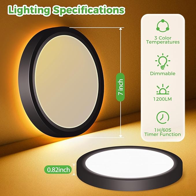 zemty 7 Inch LED Ceiling Light with Night Light 1800K, 2 Pack 3000K/4000K/6500K Dimmable Light Fixtures with Remote Control,12W 1200lm Flush Mount Ceiling Lamp for Bedroom Bathroom Kitchen-Black