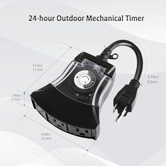 Outdoor Timer Outlet Waterproof, 24 Hour Mechanical Timer Outlet for Home and Garden, 3 Grounded, 15A 3/4HP, Black, 1 Pack