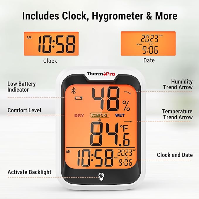 ThermoPro TP358 Bluetooth Thermometer for Room Temperature with Built-in Clock, Smart Temperature Sensor and Humidity Meter with Backlit, 260Ft Hygrometer Indoor Thermometer with Data Storage Export