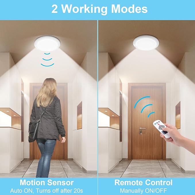 LINEWAY Rechargeable Motion Sensor Closet Light with Remote, Wireless Ceiling Light Battery Operated Closet Lights Magnetic Motion Activated Ceiling Lamp for Shower Pantry Hallway, 2 Pack