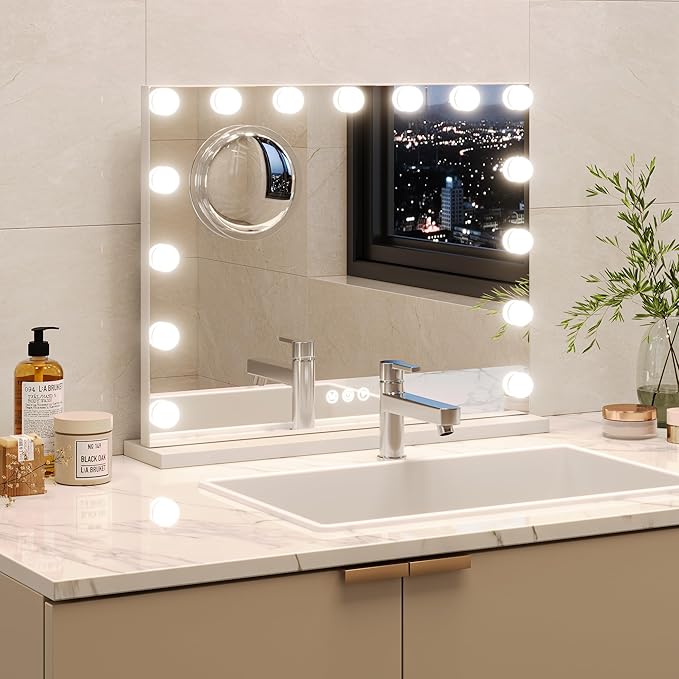 Aluminum Frame LED Makeup Mirror, 23x18 Lighted Vanity Mirror with 15 Dimmable LED Bulbs, 3 Color Modes, 3X Magnifying Mirror, Touch Dimmer, USB Type-C Port, Detachable Base, Wall Mountable