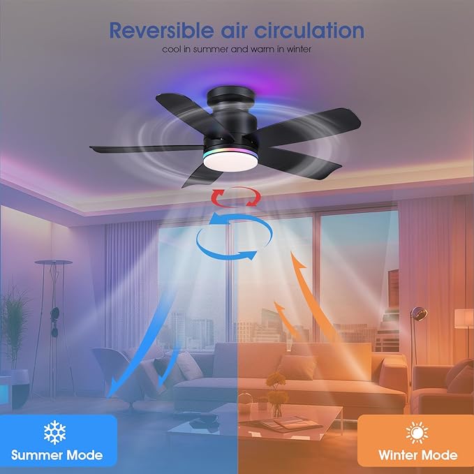 Ceiling Fans with Lights and Remote/APP Control, 41 inch Low Profile Ceiling Fan, 3 CCT LED Dimmable White Lights + RGB Ring Lights, 5 Reversible Plastic Blades 6 Speeds for Kidsroom, Black