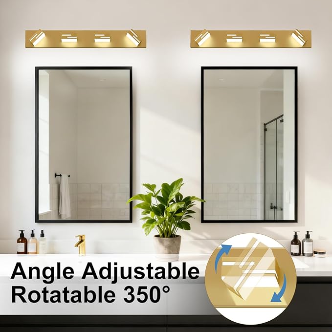 LED Modern Bathroom Vanity Light Fixtures, 4-Light 28-inch Dimmable Gold Vanity Lights for Bathroom Lighting Fixtures Over Mirror, with 350° Rotatable Heads (Cool White 6000K)
