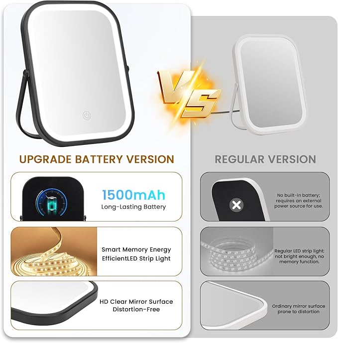 Rechargeable Travel Makeup Mirror, 8"×6" Small Vanity Mirror with Lights, 1500mAH Battery, 3-Color Lighting, Dimmable, 360° Rotation, Portable Desk Mirror with Storage Pouch, Travel Essentials (Black)
