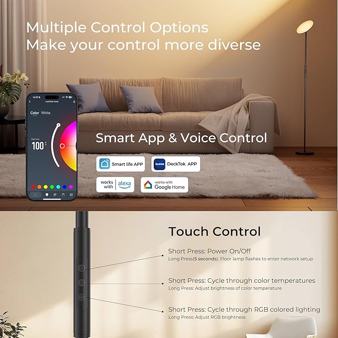 Floor Lamp, 2800LM RGBWW Smart Standing Lamps for Living Room with Smart App & Voice Control, 69.3in Torchiere Floor Lamps Color Changing, 350°Rotating LED Tall Lamp for Bedroom Office Gaming Party