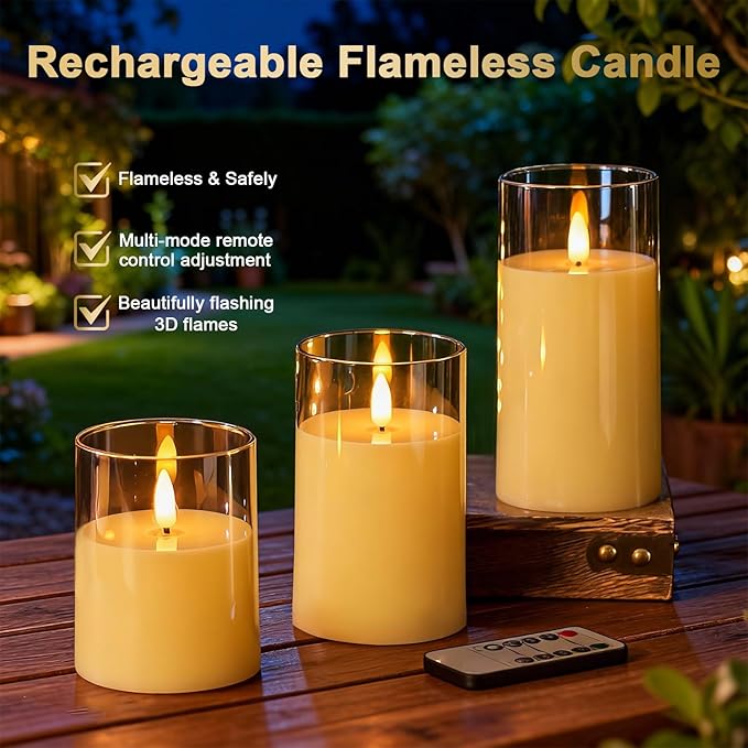 Gold Flameless LED Candles with Remote & Timer, 3-Piece Flickering Pillar Candle Set, Realistic Flame Effect, Adjustable Brightness, Battery Operated Candles for Home Decor, Wedding & Holiday