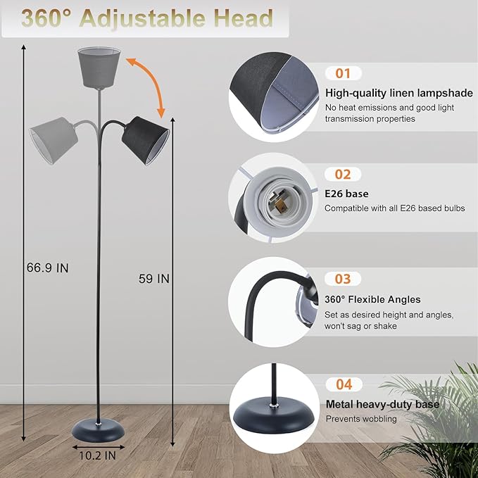 AoMck Floor Lamp, Industrial Metal Floor Lamps for Living Room with Adjustable Bendable 2 in 1 Reading Table Lamps for Living Room Bedroom Office (B+Black Shade)