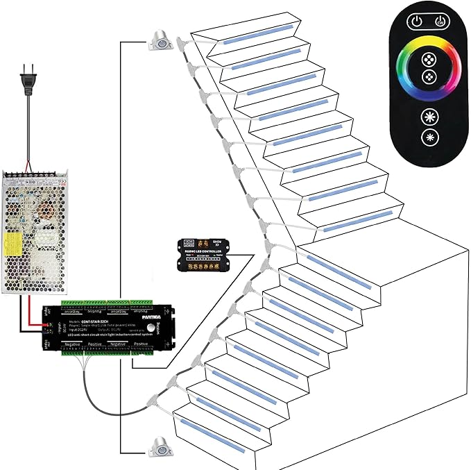 PARMIDA Intelligent Motion Sensor LED Indoor Stair Lighting Kit, RGB & 5CCT Color Selectable, 24" Aluminum Light Bars, Staircase Cascading Style, Remote Control, Dimmable, UL Driver, 150W - 16 Steps