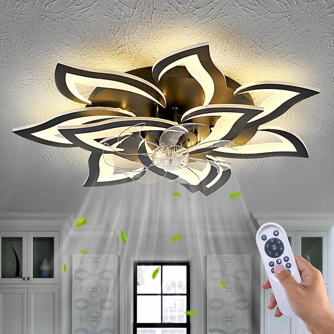 Modern Ceiling Fan with Light and Remote, Low Profile Ceiling Fans with Lights, 32 Inch Flush Mount Ceiling Fan with 3 Light Color 6 Speeds, Fandelier Ceiling Fan for Living Room, Dining Room
