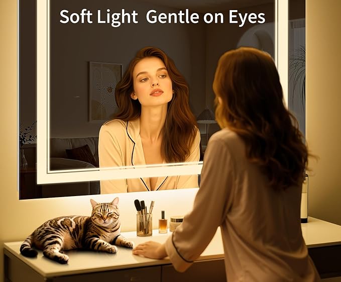 36"x28" LED Bathroom Mirror with Anti-Fog, Stepless Dimmable Lights, 3 Color Modes, Shatter-Proof Tempered Glass,Waterproof Design