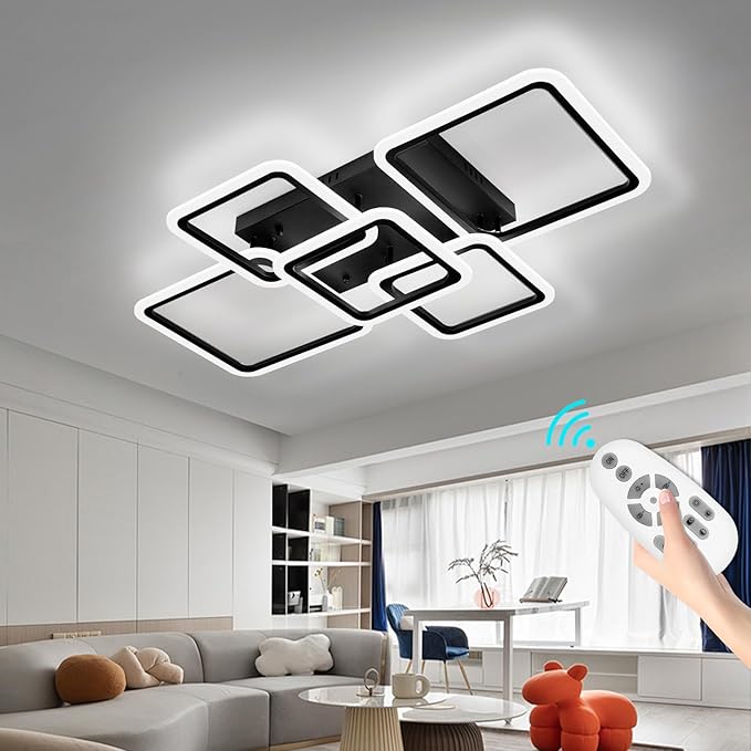 Modern LED Ceiling Light 5-Square Dimmable Black Flush Mount LED Ceiling Light with Remote for Living Room
