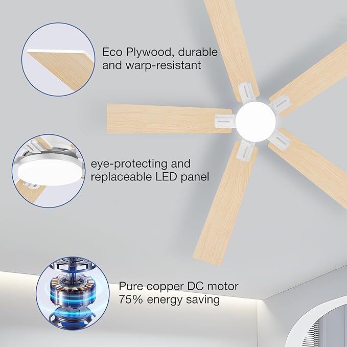 52 Inch Ceiling Fans with Lights,Smart Low Profile Ceiling Fan with Light and Remote Control,Alexa,APP,White Flush Mount Ceiling Fans for Bedroom,Patio,Outdoor Indoor Use,Dimmable LED,6 Speed,Quiet