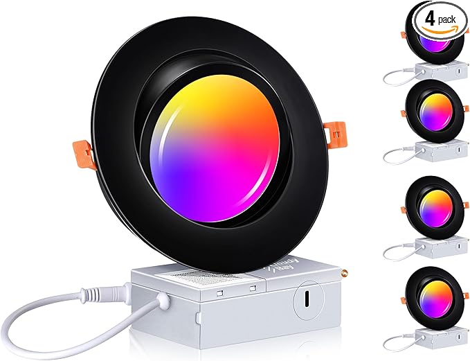 CLOUDY BAY [4 Pack] 6 inch Gimbal Smart WiFi LED Recessed Lights,RGBCW Color Changing,Compatible with Alexa and Google Home Assistant,No Hub Required,2700K-6500K,IC Rated,Black