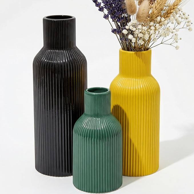 Glossy Ceramic Vase Set of 3, High-Gloss Ribbed Modern Flower Vases in Black, Green & Yellow, 5.9"/7.8"/9.8" Decorative Vases for Home Living Room Table Centerpiece