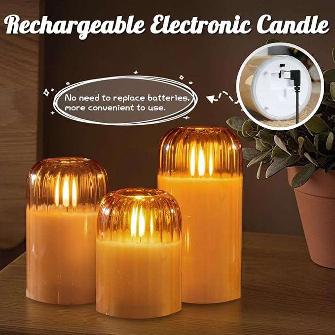 3Pcs LED Candle Set Rechargeable with Remote Control,Gold Glass Flameless Candles,Candle Lights for Home Decor, Bedroom, Bathroom Accessories，Pumpkin Fake Candles for Halloween