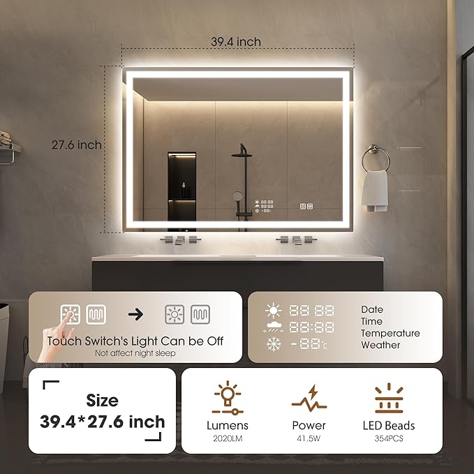 STARLEAD 40"x28" LED Bathroom Mirror with Built-in Clock, Dimmable Lighting, 3 Color Temperature, Anti-Fog, Touch Control Wall Mounted Vanity Mirror