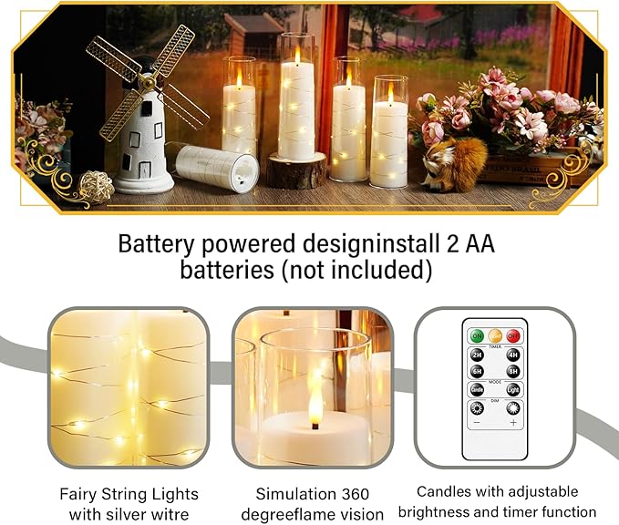 Flameless Candles with Embedded Star String, 12 Pcs Battery Operated LED Pillar Candles with Remote and Timer, Suitable for Home Decor, Party, Christmas & Wedding (White)