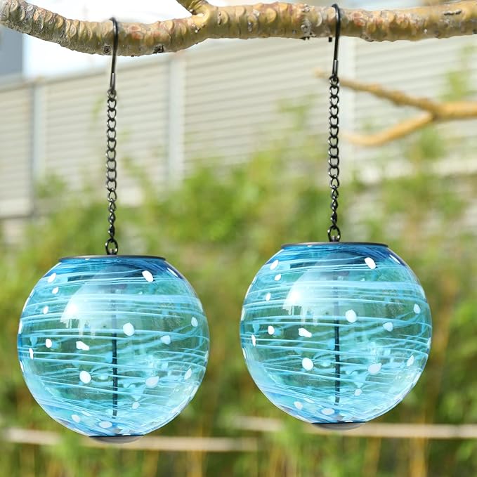 Solar Lanterns Outdoor Waterproof Hanging Outdoor Solar Lanterns Glaze Ball Outdoor Hanging Lights Waterproof Garden, Patio, Pathway & Yard Décor 2 Pack