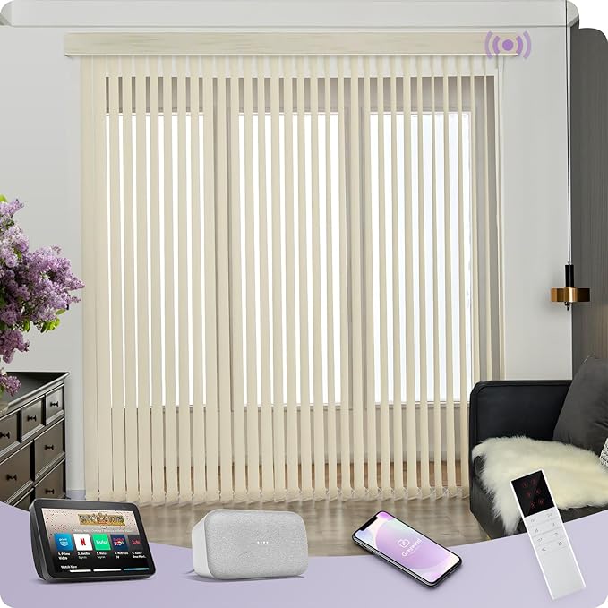 Graywind Motorized Half Shading Vertical Blinds Compatible with Alexa Google Privacy Smart Vertical Blind Remote Control Track Slats Set for Sliding Door With Valance, Width Up To 157", Textured Beige