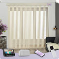 Graywind Motorized Half Shading Vertical Blinds Compatible with Alexa Google Privacy Smart Vertical Blind Remote Control Track Slats Set for Sliding Door With Valance, Width Up To 157", Textured Beige