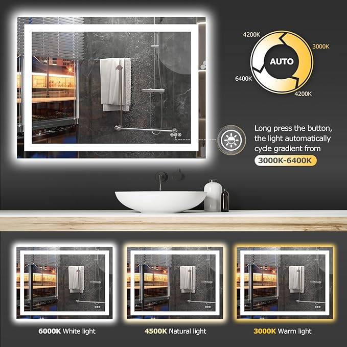 40X30 LED Bathroom Mirror with Lights, Anti-Fog, Dimmable, Backlit + Front Lit, Smart Bathroom Vanity Mirror, Memory Function, Shatterproof, Tempered Glass (Horizontal/Vertical)