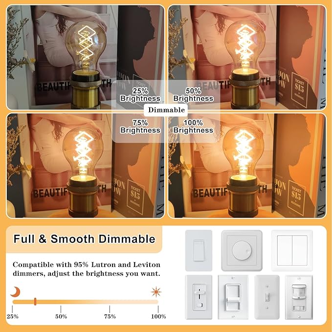 A19 Vintage LED Edison Bulbs 40 Watt, Dimmable E26 LED Edison 2200K Warm Light Bulbs, 4W Equal 40 Watt Incandescent Bulbs, 4 Pack Decorative Antique Spiral Amber Light Bulbs, 300LM, CRI90+