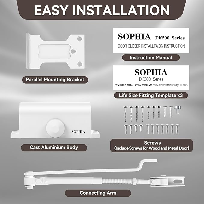 SOPHIA Door Closer for Home, Hydraulic Automatic Door Closer for Residential & Light Commercial Use for Door Weight 55-99LBS, Adjustable Speed, Life Size Fitting Templates, Size 2, White