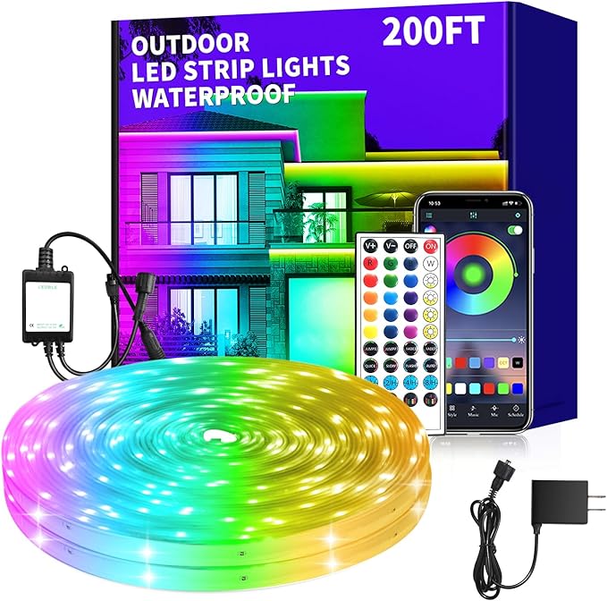 200ft Outdoor LED Strip Lights Waterproof,IP68 Outside Led Light Strips Waterproof with APP/Remote Control,Music Sync RGB Exterior Led Rope Lights for Bedroom roof Garden Staircase Parties