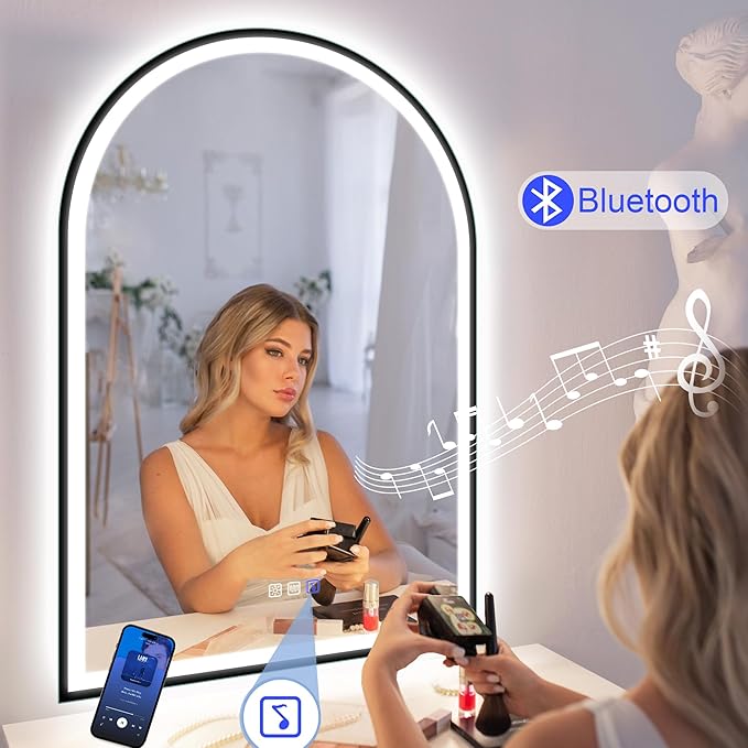 STARLEAD 36"x24" Black Frameless Arched LED Bathroom Mirror with Bluetooth Speaker, Dimmable Lighting, 3 Color Temperature, Anti-Fog, Touch Control Wall Mounted Vanity Mirror