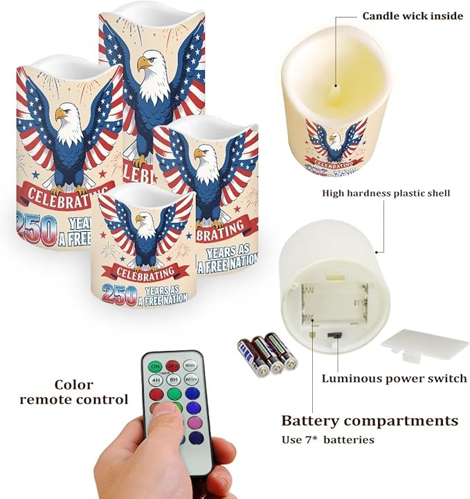 A Free Nation Flickering Flameless Candles Bald Eagle LED Battery Operated Timer 250th American Anniversary Candle Warmer Lamp Celebrate 4th of July Independence Day, 4 Pack