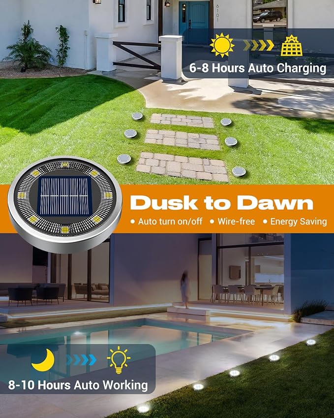 btfarm 16 Pack Solar Lights Outdoor, 8 LED Solar Ground Lights IP65 Waterproof Flat Solar Disc Light, Pathway Lights for Garden Lawn Patio Yard Path Landscape, Cool White