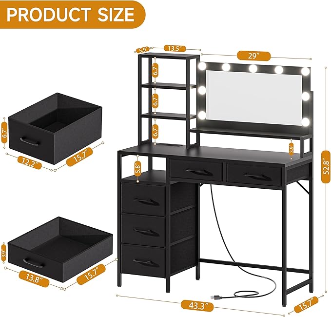 Vanity Desk with Mirror, 9 Lights, 3 Color Modes with Adjustable Brightness, 5 Spacious Fabric Drawers & Storage Shelves, Makeup Vanity with Power Outlets, Modern Vanity Table for Bedroom, Black