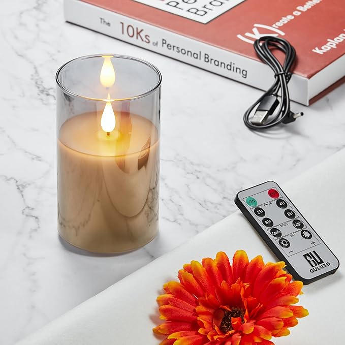 Flickering Flameless Candles, Rechargeable Battery Operated Candles with 3D Wick, Last 1000+ Hours LED Candle with Remote and Timer, Real Wax Candle, Grey Glass for Home, Christmas 3" x 4"