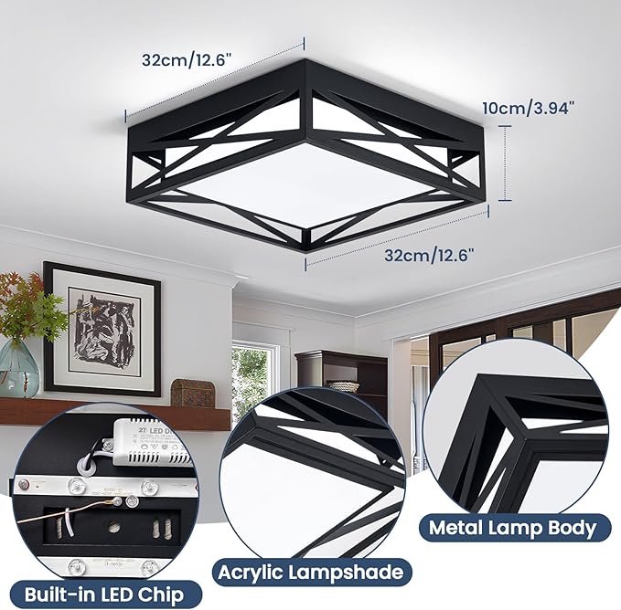 Modern LED Ceiling Light Fixture, 6000K Square LED Flush Mount Hallway Light Fixtures, Farmhouse Black Close to Ceiling Light for Hallway Bedroom Balcony Porch Stairway(Square, 12.6INCH)