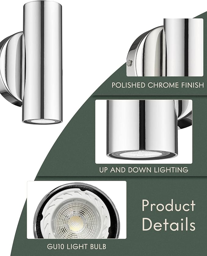 2-Light Wall Sconce, Indoor Up and Down Wall Lamp, Polished Chrome Wall Light for Bedroom Bathroom Stair Entryway, WL4830-2W-PC
