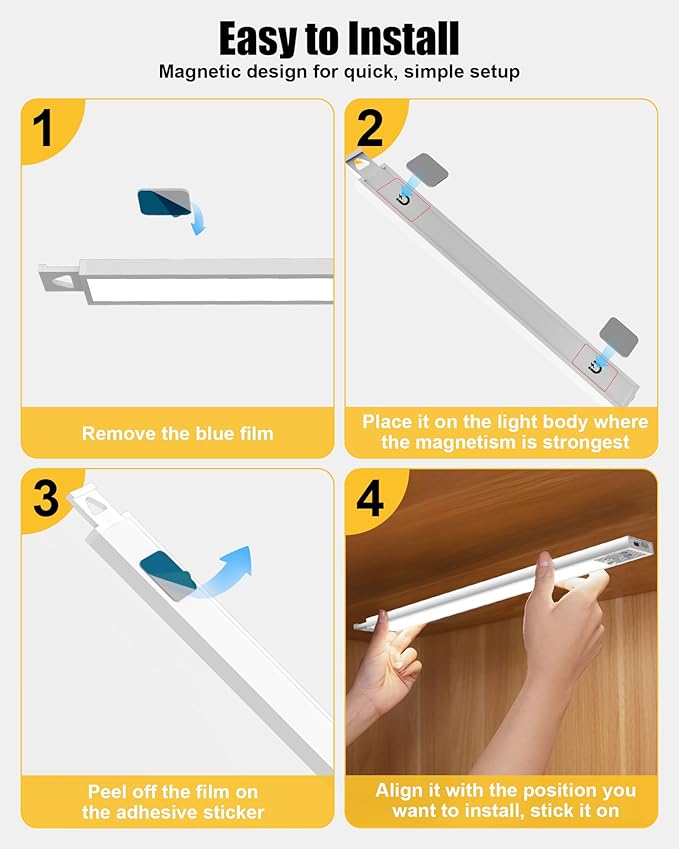 Under Cabinet Motion Sensor Lighting - 12 Inch Wireless Under Cabinet Lighting, Rechargeable with Magnetic Mount, 5CCT Adjustable for Kitchen/Hallway (White, 2-Pack)