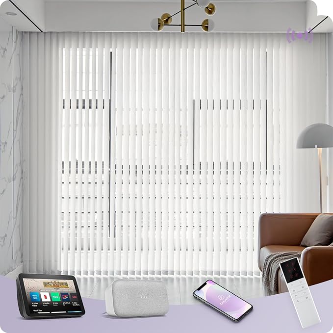 Graywind Motorized Half Shading Vertical Blinds Compatible with Alexa Google Privacy Smart Vertical Blind Remote Control Track Slats Set for Sliding Door With Valance, Width Up To 157", Textured White